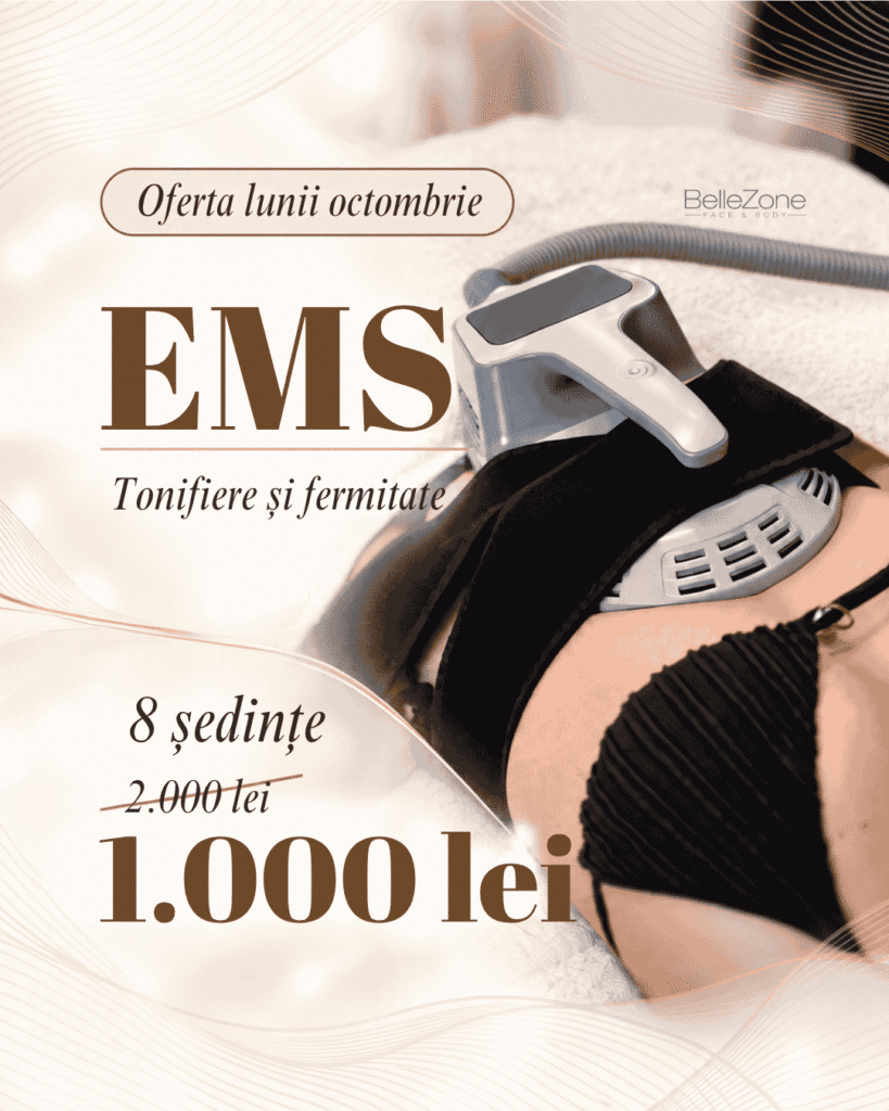 Ofertă EMS la BelleZone Constanța – abonament de 8 ședințe pentru tonifiere musculară, la prețul special de 1.000 lei, octombrie 2026.